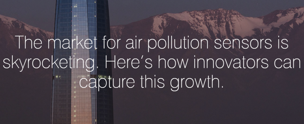 Background photo of building and mountains with text 'The market for air pollution sensors is skyrocketing. Here's how innovators can capture this growth.'
